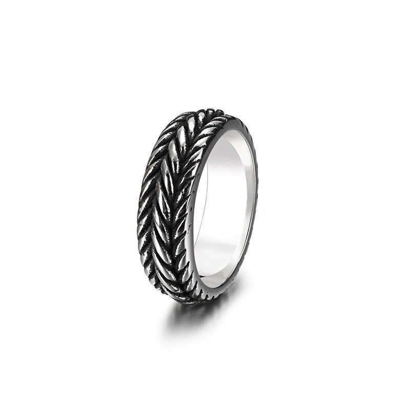 Kemstone Twist Chain Titanium Steel Ring – Matte Punk Band for Men | Gothic Streetwear Statement Jewelry KR53967-K