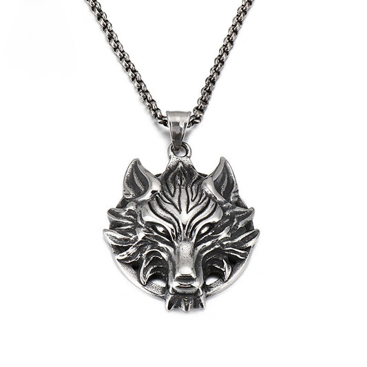 Kemstone Viking Wolf Head Pendant – Matte Stainless Steel Necklace for Men, Norse Punk Streetwear Jewelry KP81873