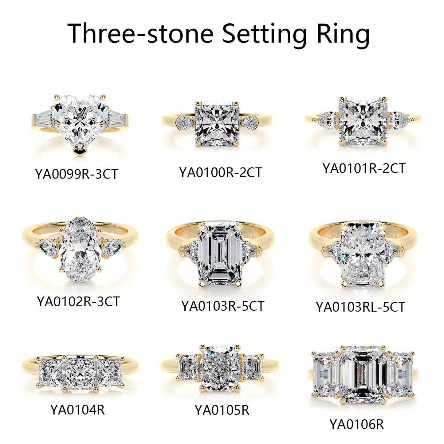 Three-Stone Moissanite Engagement Ring for Women | 2–5CT Heart, Oval, Princess, Emerald Cuts