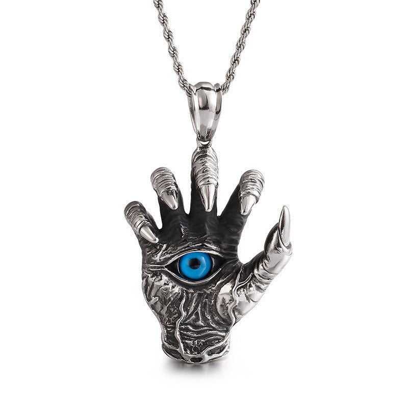 Collana con ciondolo in acciaio al titanio Kemstone Vintage con mano malvagia e occhio blu - Design audace con artiglio di drago per tutti i giorni KP80274