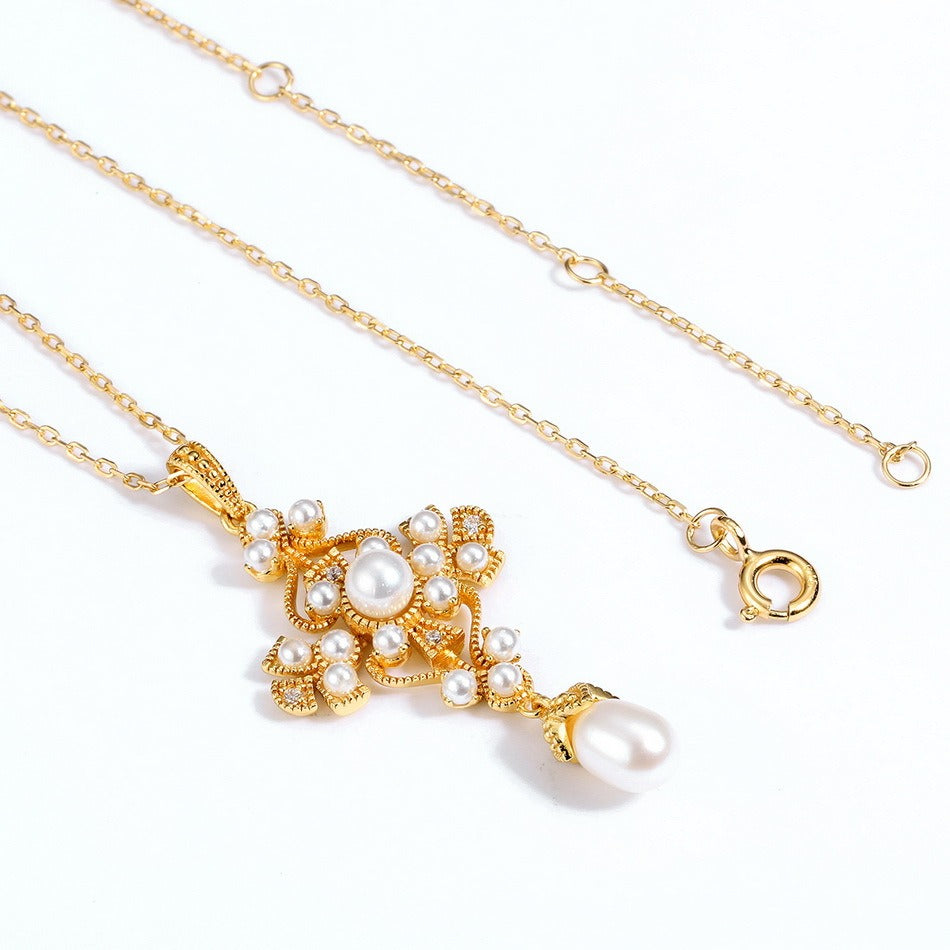 Kemstone Handcrafted Original Design Vintage-Inspired Freshwater Pearl Pendant Necklace, S925 Sterling Silver with 9K Gold Plating