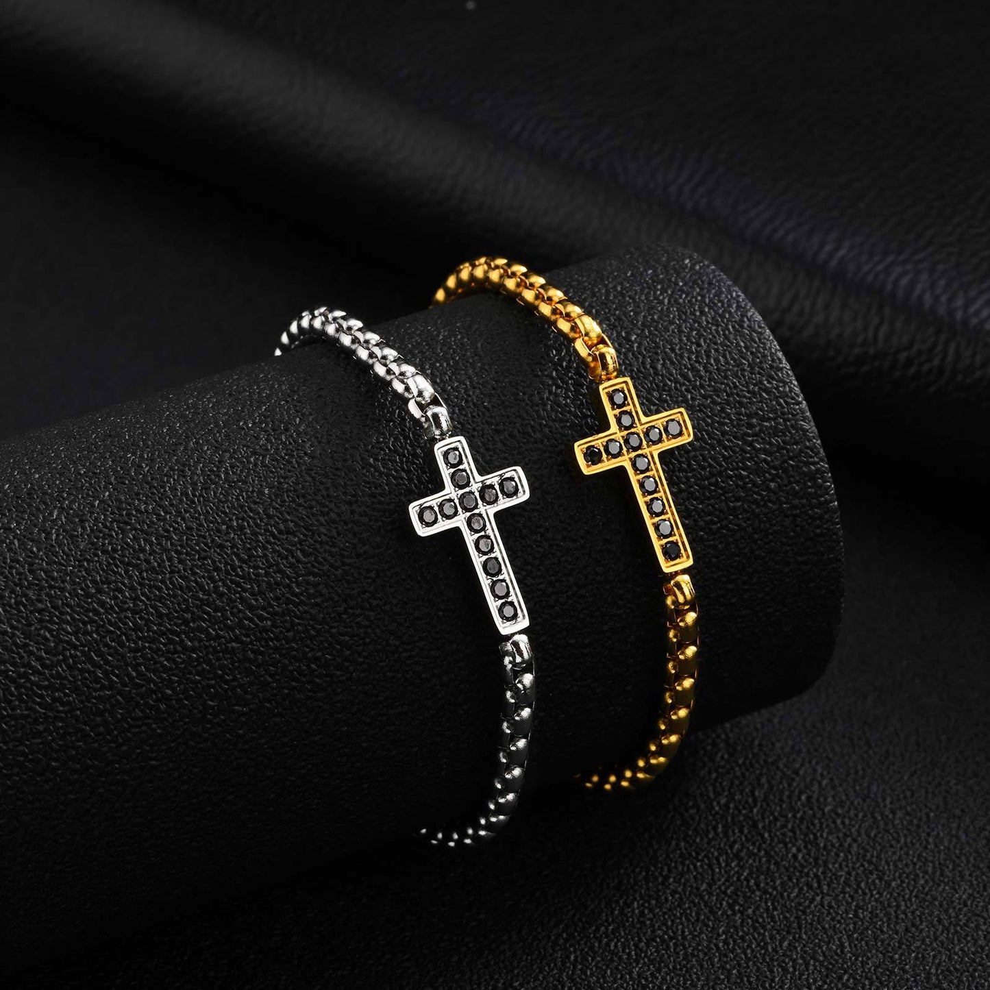 Kemstone Stainless Steel Cross Bracelet for Men Black Cubic Zirconia Box Chain BR-2766
