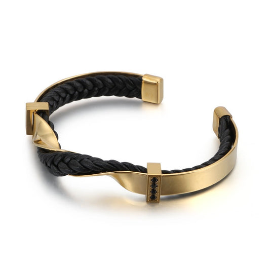Kemstone Men’s Open Cuff Leather Bracelet – Braided Leather & Stainless Steel with Black Zircon | KB117781-KFC