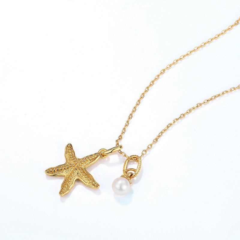 Kemstone Handcrafted Original Design Summer New Starfish Necklace for Women - S925 Silver with 9K Gold Plated and Natural Freshwater Pearl,18"