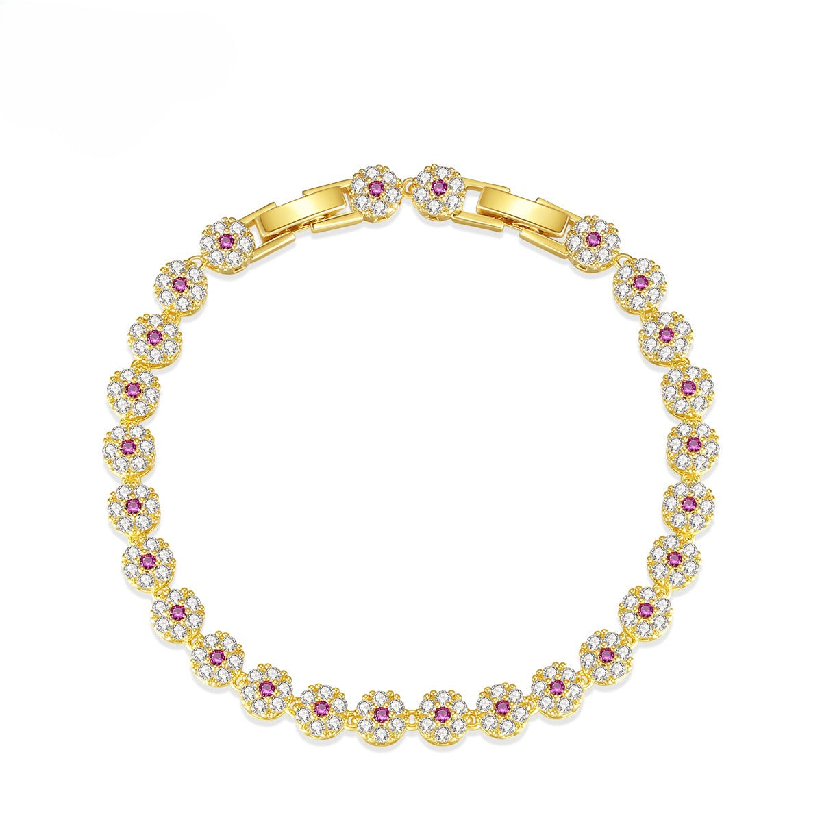 Delicada pulsera de cadena de tenis floral con micropavé de circonitas Kemstone: elegante diseño de doble cierre, hecha a mano para un look glamuroso diario B24090302
