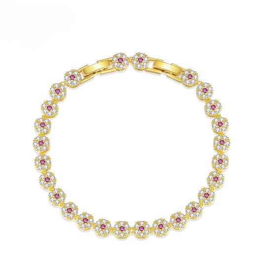 Delicada pulsera de cadena de tenis floral con micropavé de circonitas Kemstone: elegante diseño de doble cierre, hecha a mano para un look glamuroso diario B24090302
