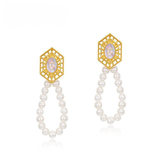 Kemstone Handcrafted Original Design S925 Sterling Silver Baroque Pearl Hexagonal Stud Earrings for Women