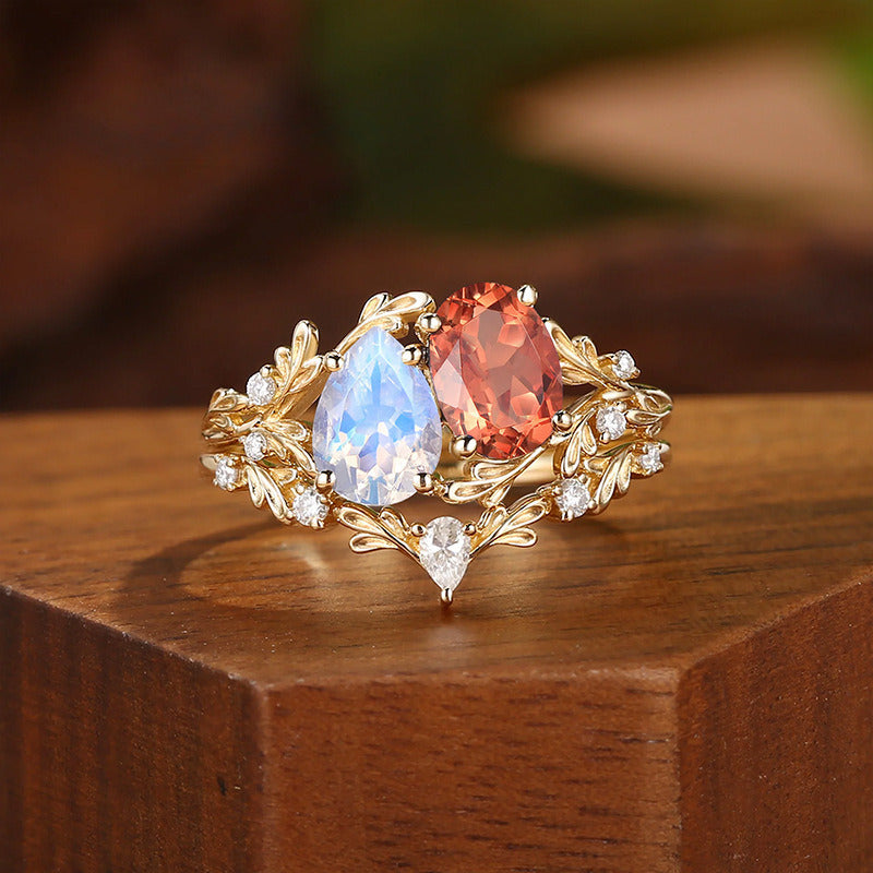 Kemstone Moonstone & Mandarin Garnet Ring Set for Women – Vintage Floral Stackable Ring in S925 Sterling Silver 18K Gold Plated T7-YC0323RS