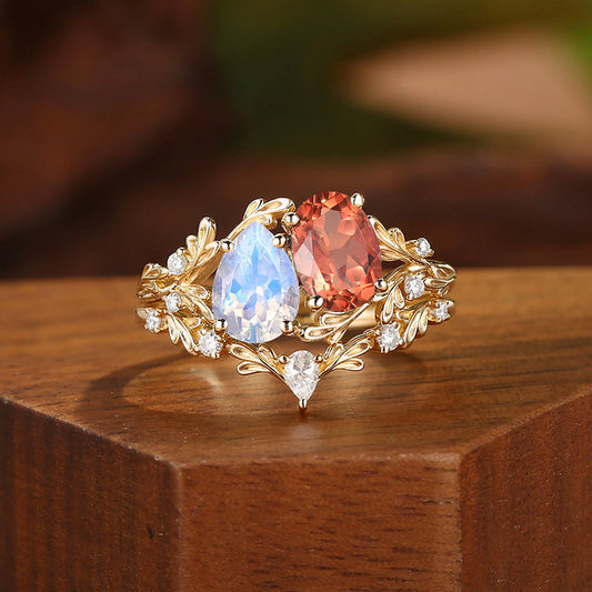 Kemstone Moonstone & Mandarin Garnet Ring Set for Women – Vintage Floral Stackable Ring in S925 Sterling Silver 18K Gold Plated T7-YC0323RS