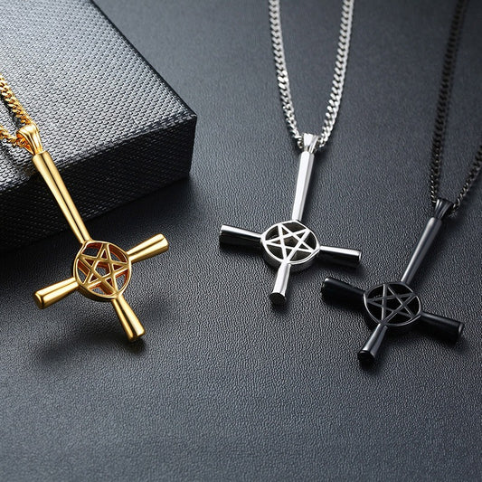Kemstone Stainless Steel Satan Cross Pendant - Bold Gothic Necklace for Men PN-1127
