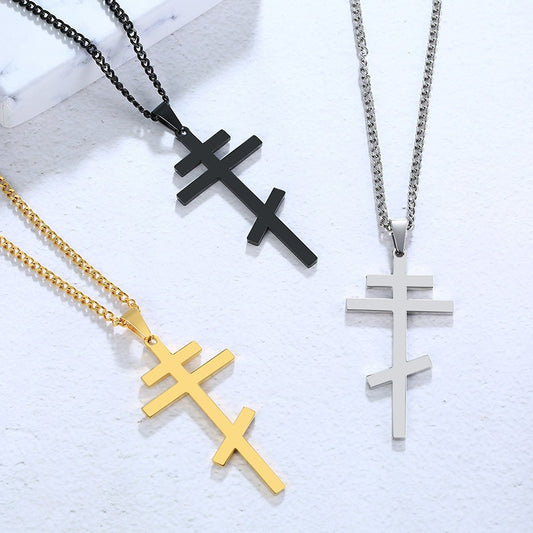 Men's Stainless Steel Orthodox Cross Necklace – Bold Double Bar Gothic Pendant PN-831