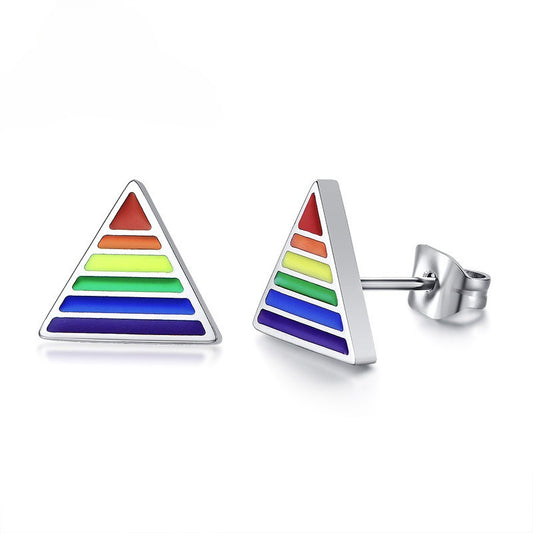 Stainless Steel Triangle Stud Earrings – Enamel Rainbow Edge for Men PE-003