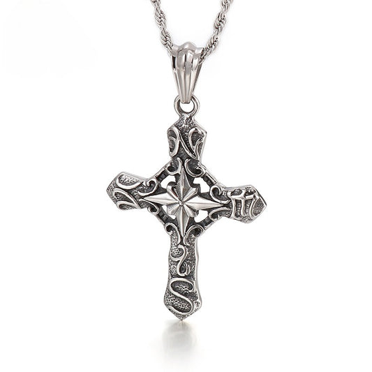 Kemstone Rugged Cross Pendant – Punk Vintage Stainless Steel Necklace for Men | Gothic Streetwear Jewelry KP56209