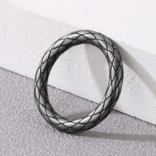 Kemstone Distressed Serpent Circle Ring - Punk-Inspired Geometric Grid Design in Stainless Steel for Men KR1088455