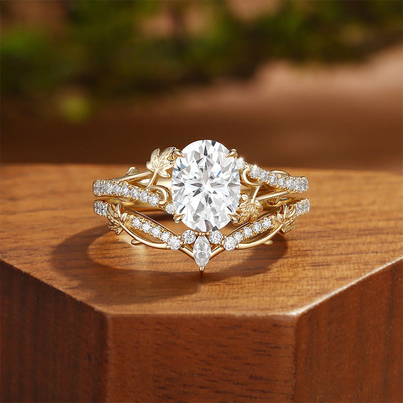 Kemstone Oval Moissanite Floral Ring Set for Women – Nature Inspired Stackable Engagement Ring in S925 Sterling Silver 18K Gold Plated T7-YC0293RS