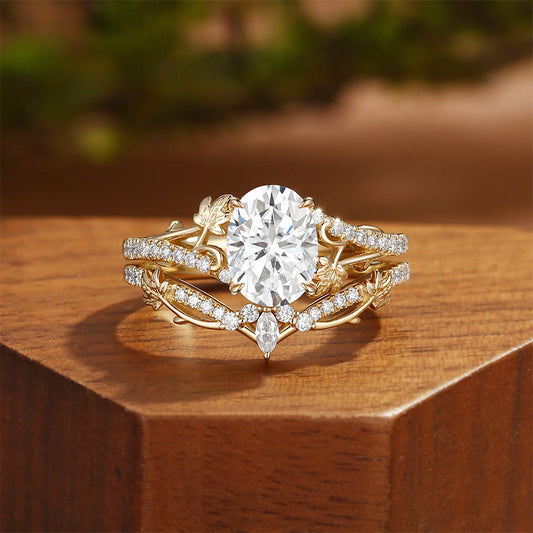 Kemstone Oval Moissanite Floral Ring Set for Women – Nature Inspired Stackable Engagement Ring in S925 Sterling Silver 18K Gold Plated T7-YC0293RS