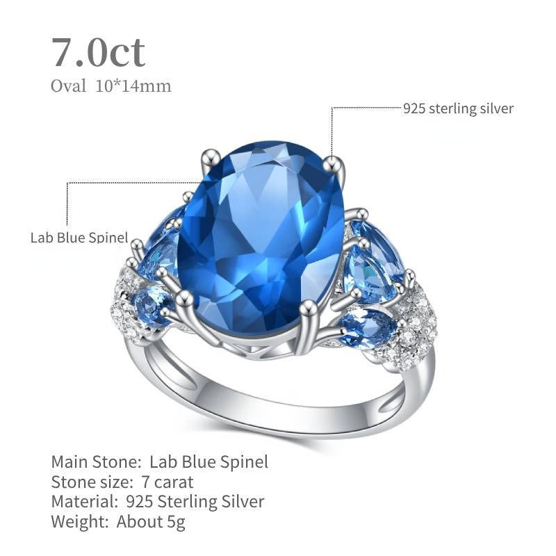 Kemstone Handcrafted Original Design 7.0 Carat Lab Blue Spinel Gemstone Ring - Classic Oval Design, 925 Sterling Silver Setting,K244281E