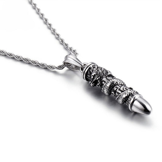 Kemstone Dragon-Wrapped Bullet Pendant – Titanium Steel Necklace for Men, Rugged Norse-Inspired Urban Style KP55643