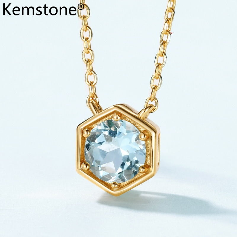 Collar de aguamarina elegante, diseño original y artesanal de Kemstone, plata de ley 925 con baño de oro de 10 quilates, colgante minimalista de diseño para un estilo OL moderno, cadena de 45 cm.