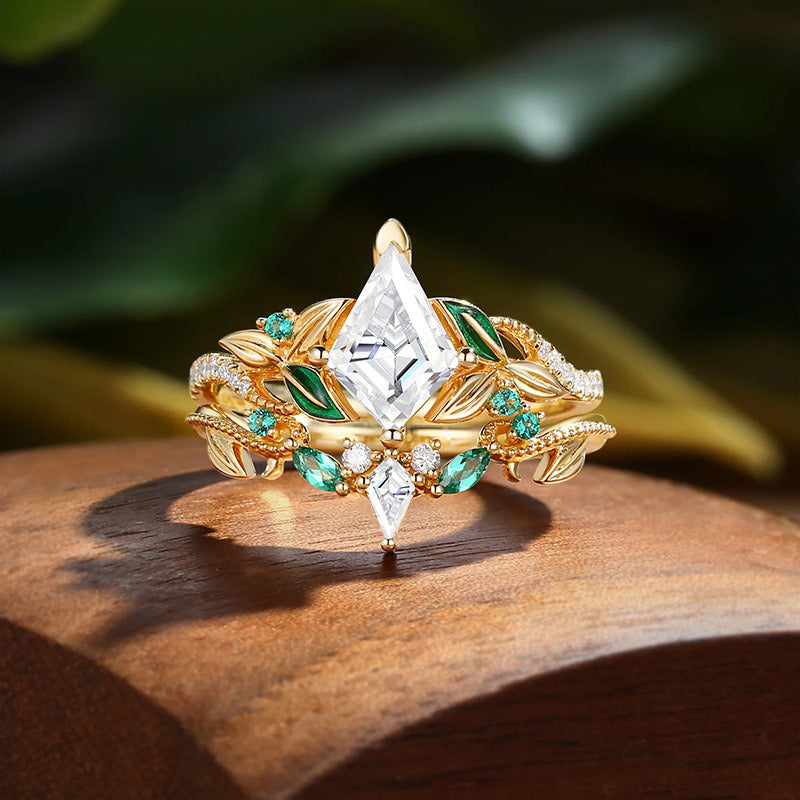 Kemstone Kite Cut Moissanite Leaf Ring Set for Women – Nature Inspired Stackable Engagement Ring in S925 Sterling Silver 18K Gold Plated T7-YC0317RS