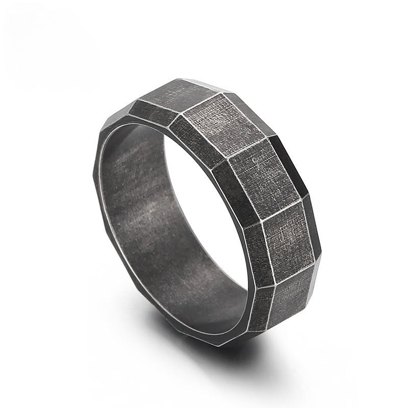 Kemstone Matte Black Gothic Ring – Titanium Steel Geometric Band for Men | Dark Vintage Street Style KR100827-KFC