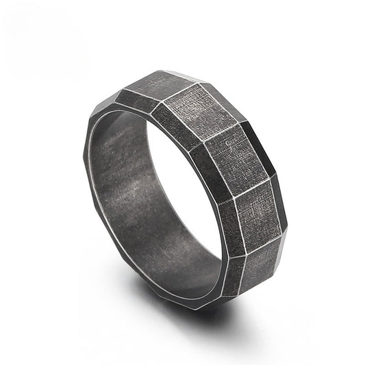 Kemstone Matte Black Gothic Ring – Titanium Steel Geometric Band for Men | Dark Vintage Street Style KR100827-KFC