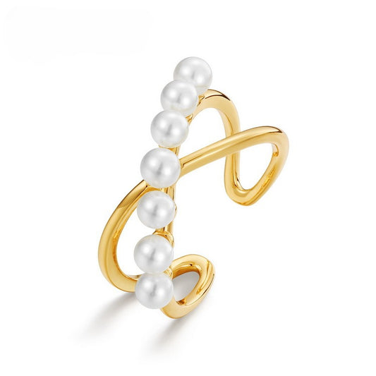 Kemstone Handcrafted Original Design Minimalist Geometric Pearl Ring, Adjustable S925 Sterling Silver with 9K Gold Plating