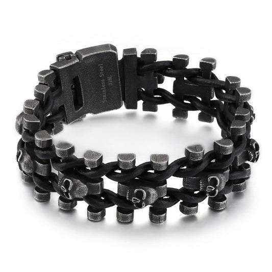Kemstone Vintage Skull Cord Bracelet - Stainless Steel Motorcycle Cuff for Men KB104634