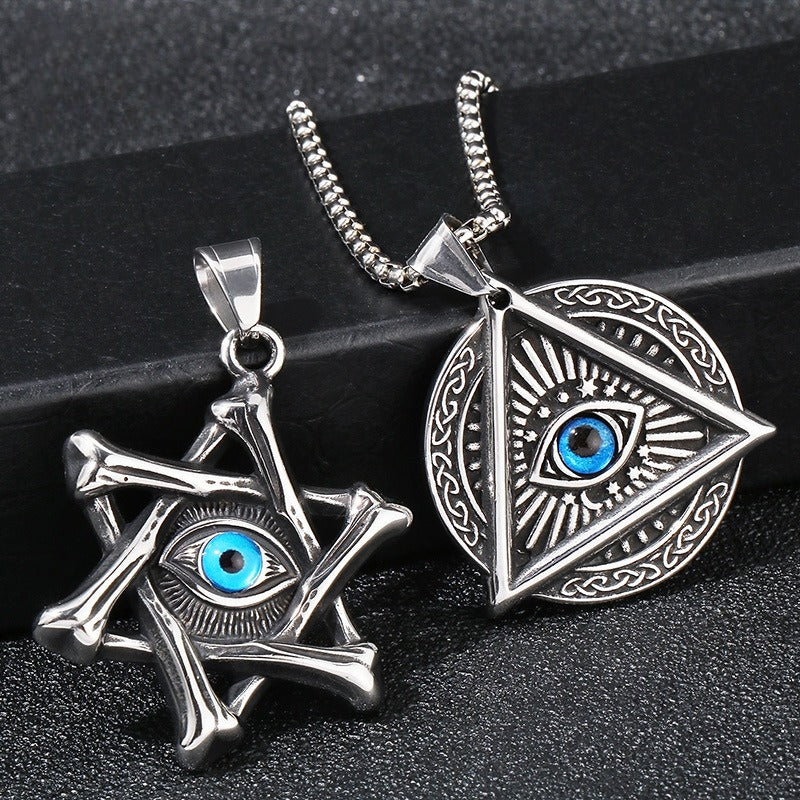 Kemstone Punk Triangle Chain Pendant - Vintage Hexagram Evil Eye Stainless Steel Necklace, Retro Bohemian Men's Fashion Accessory KP119884-MI