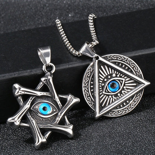 Kemstone Triangle Hexagram Pendant – Stainless Steel Evil Eye Necklace for Men, Gothic Punk Boho Street Style KP119884-MI