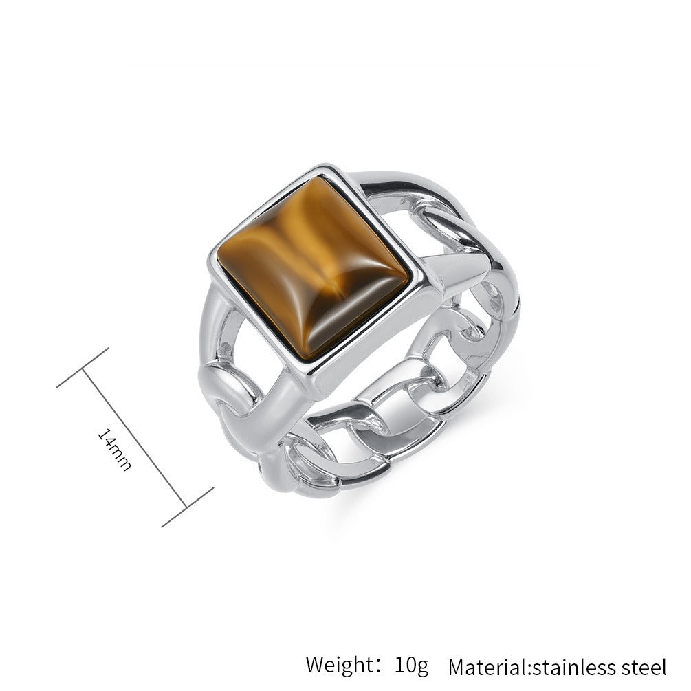 Kemstone Men’s Titanium Steel Cuban Chain Ring – Tiger Eye & Black Stone Jewelry K-R998