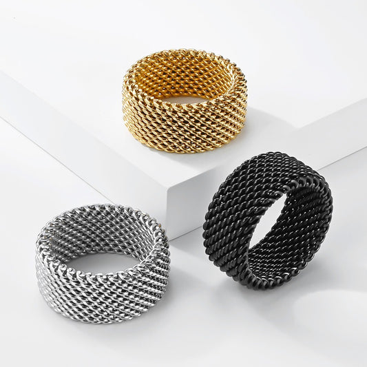 Kemstone Stainless Steel Woven Ring for Men Women Braided Mesh Band Silver Gold Black K-R1163