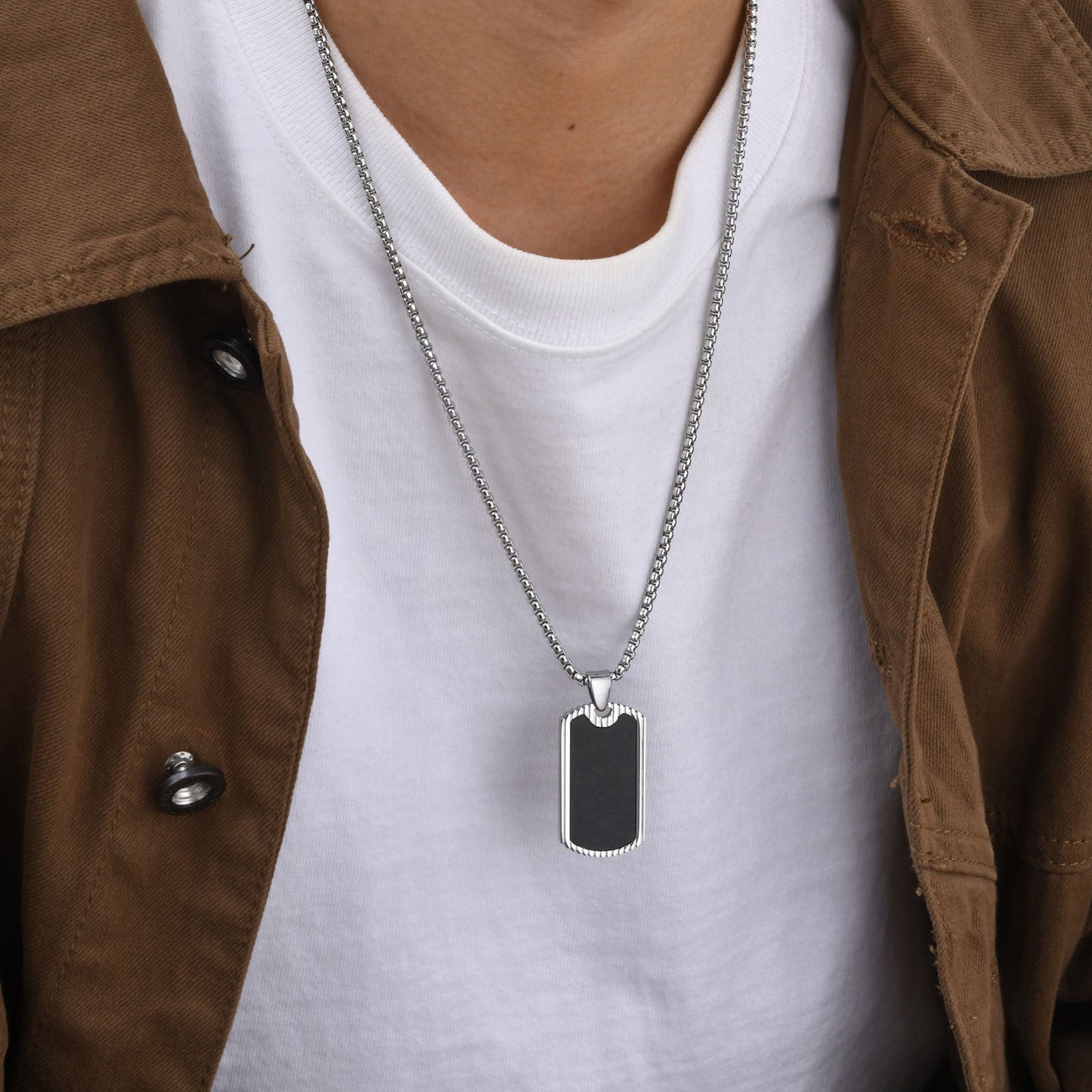 Kemstone Stainless Steel Carbon Fiber Rectangular Pendant Necklace for Men PN-2106