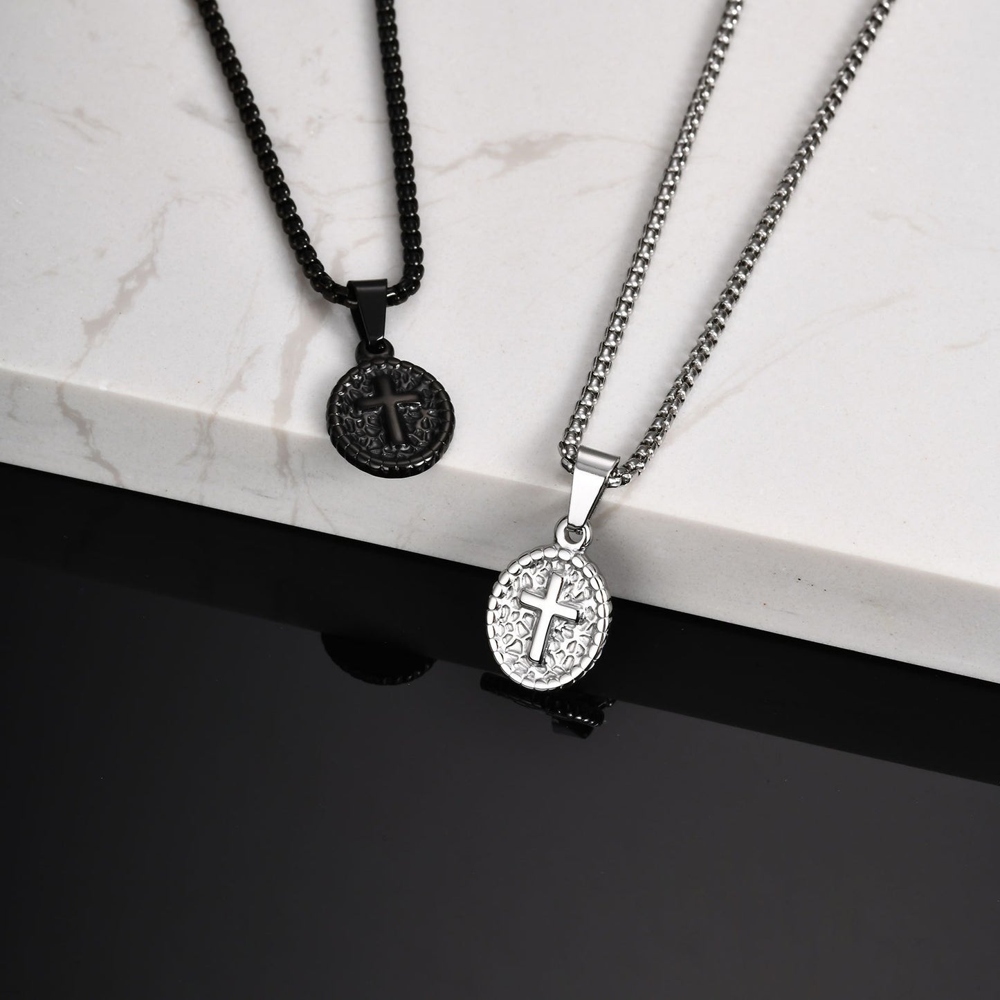 Kemstone Men’s Stainless Steel Cross Oval Pendant Necklace – Silver Black PN-2182