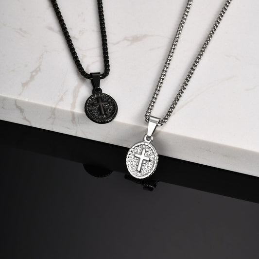 Kemstone Men’s Stainless Steel Cross Oval Pendant Necklace – Silver Black PN-2182