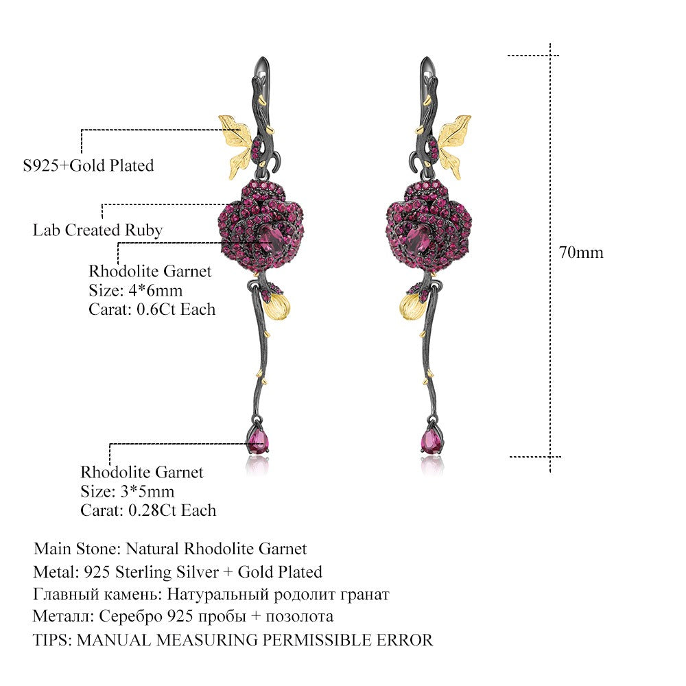 Pendientes de rosa artesanales Kemstone | Granate rodolita y rubí naturales de 0,6 ct | Plata de ley S925 | Longitud de 7 cm T7-C7630E