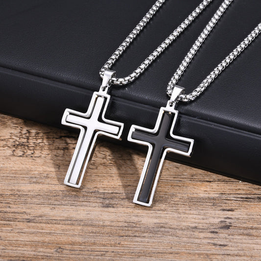Men’s Rotating Cross Pendant Necklace – Gothic Dual-Layer Stainless Steel Chain PN-1998