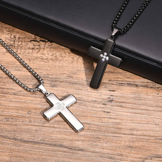 Kemstone Stainless Steel Cross Pendant Necklace with Cubic Zirconia Inlay for Men PN-2044