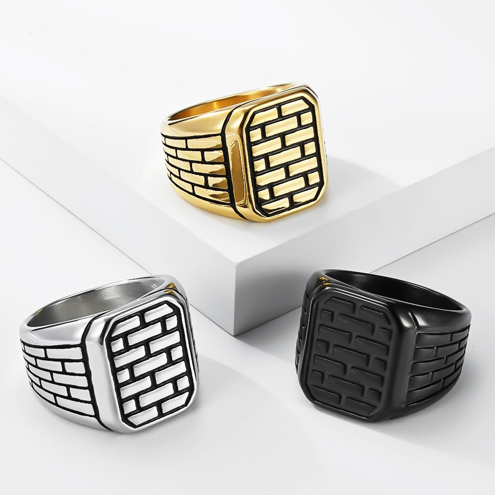 Kemstone Brick Pattern Ring for Men Stainless Steel K-R1181