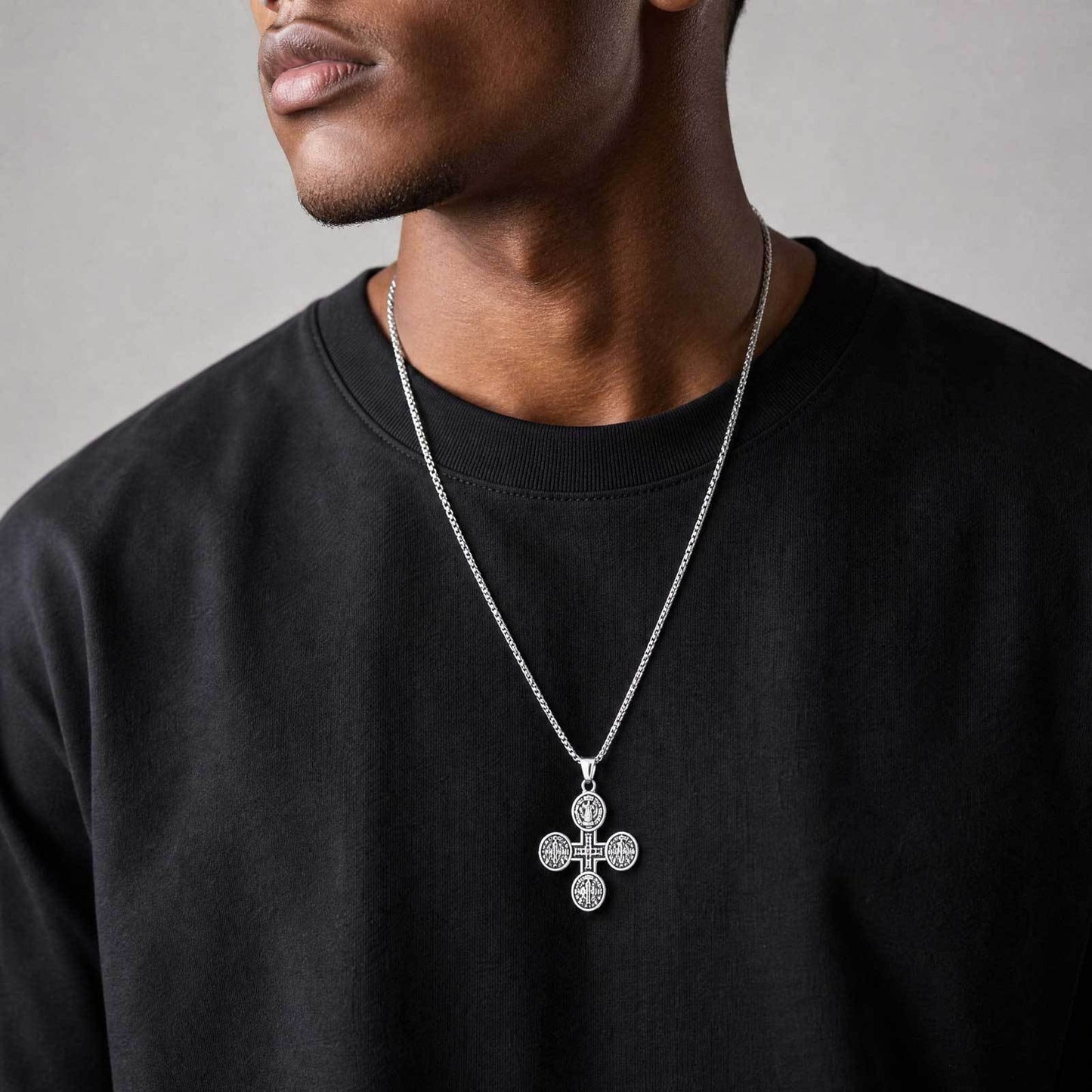 Kemston Engraved Cross Pendant Necklace for Men Stainless Steel Round Vintage PN-2409