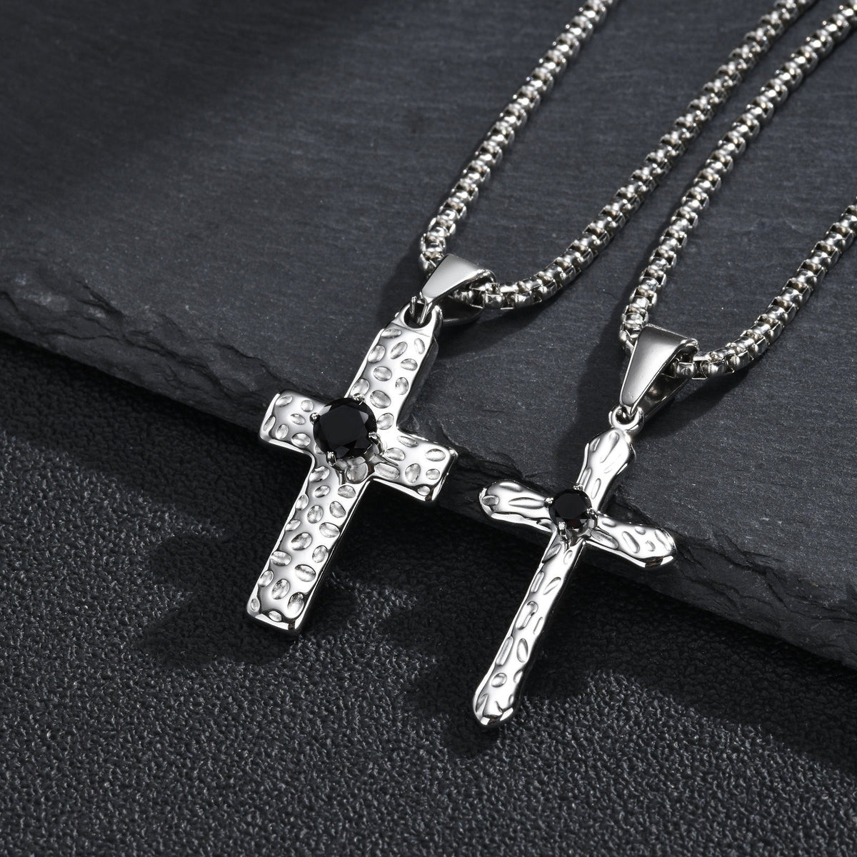 Kemstone Stainless Steel Hammered Cross Necklace for Men Cubic Zirconia Center PN-247