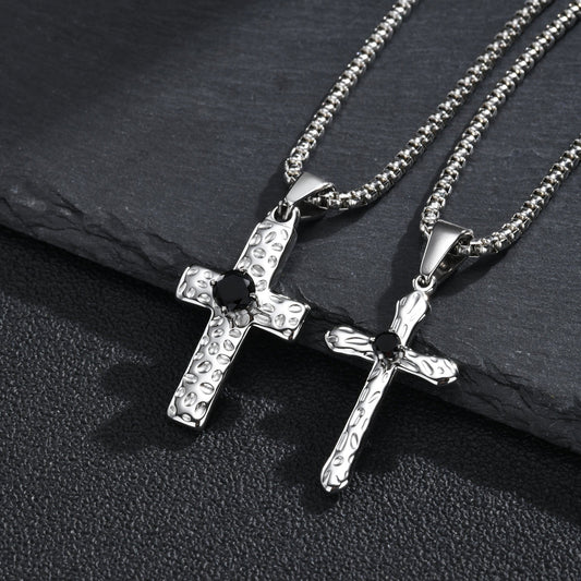 Kemstone Stainless Steel Hammered Cross Necklace for Men Cubic Zirconia Center PN-247