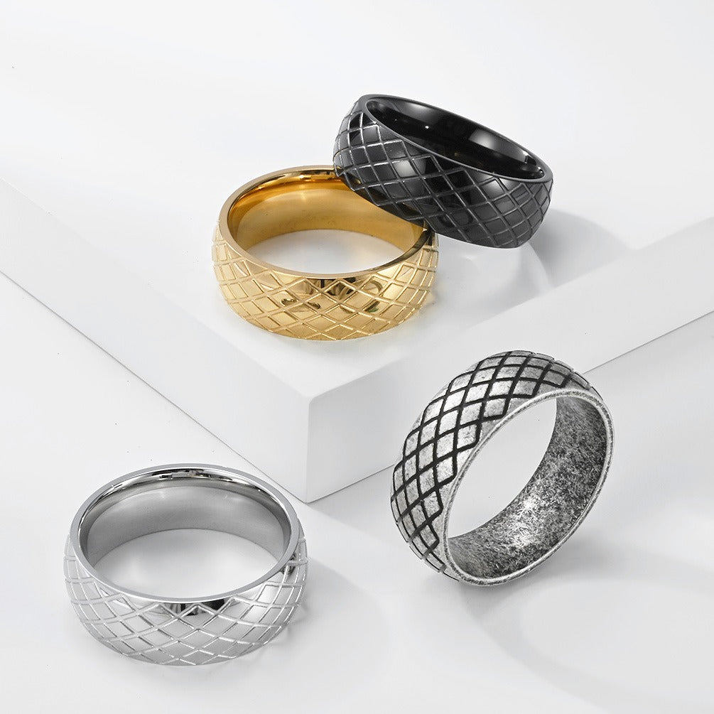 Kemstone Stainless Steel Geometric Grid Ring for Men 8mm Vintage Textured Pattern K-R1183