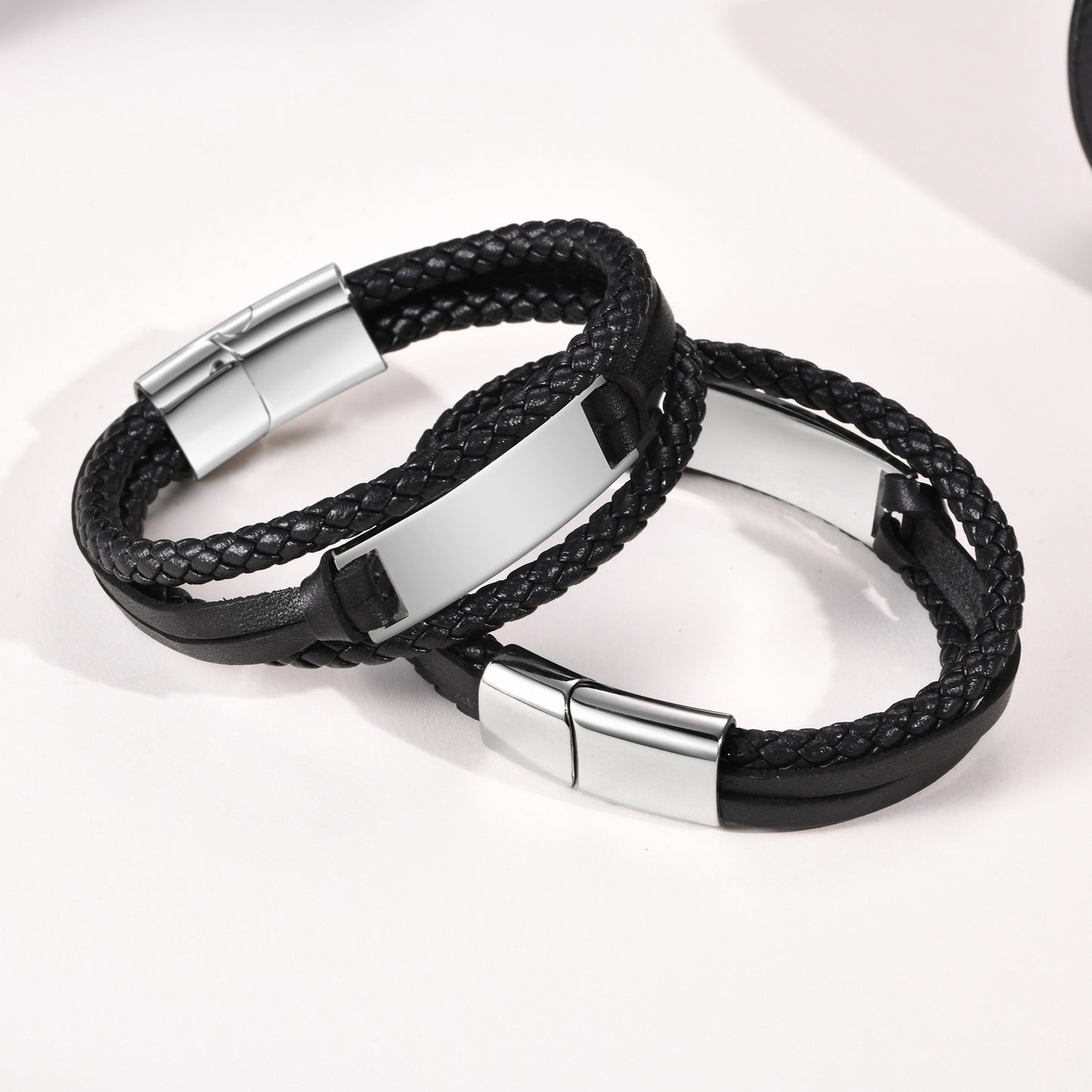 Kemstone Stainless Steel Braided Leather Bracelet for Men – Black ID Bar Design BL-669