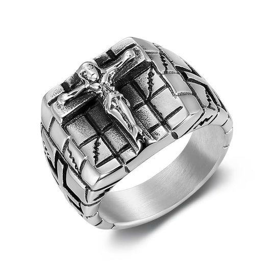 Kemstone Sculpted Cross Ring for Men Stainless Steel Cracked Metal Detail TR0471