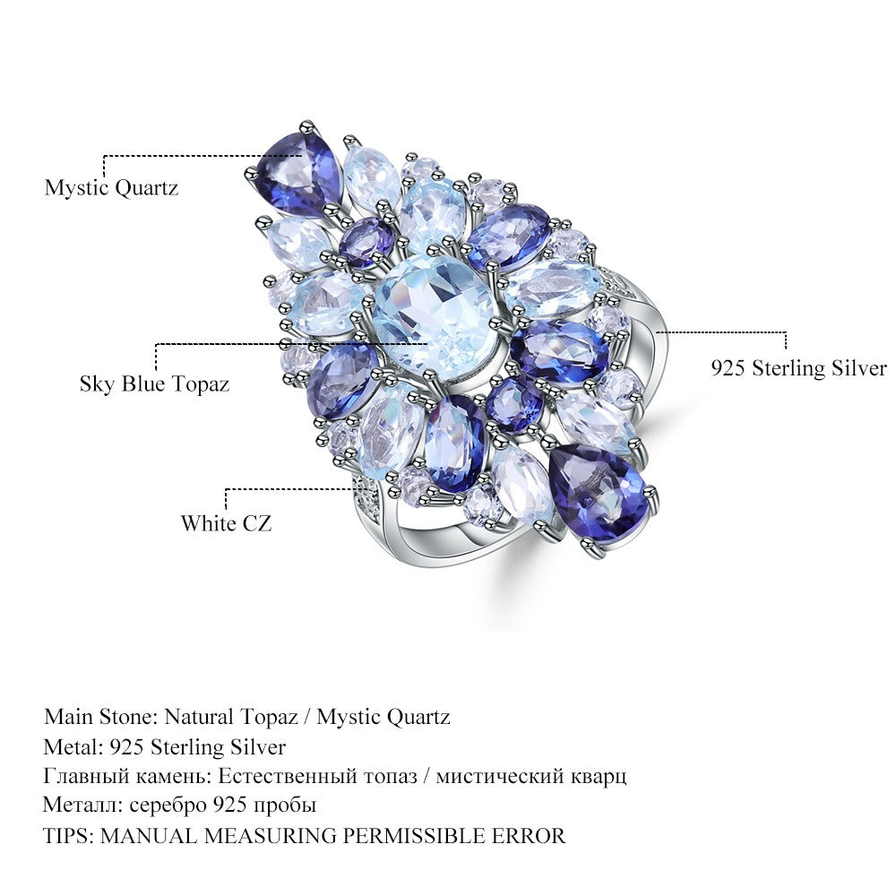 Anillo de plata de ley 925 con topacio natural en forma de flor, elaborado a mano por Kemstone. Diseño original.