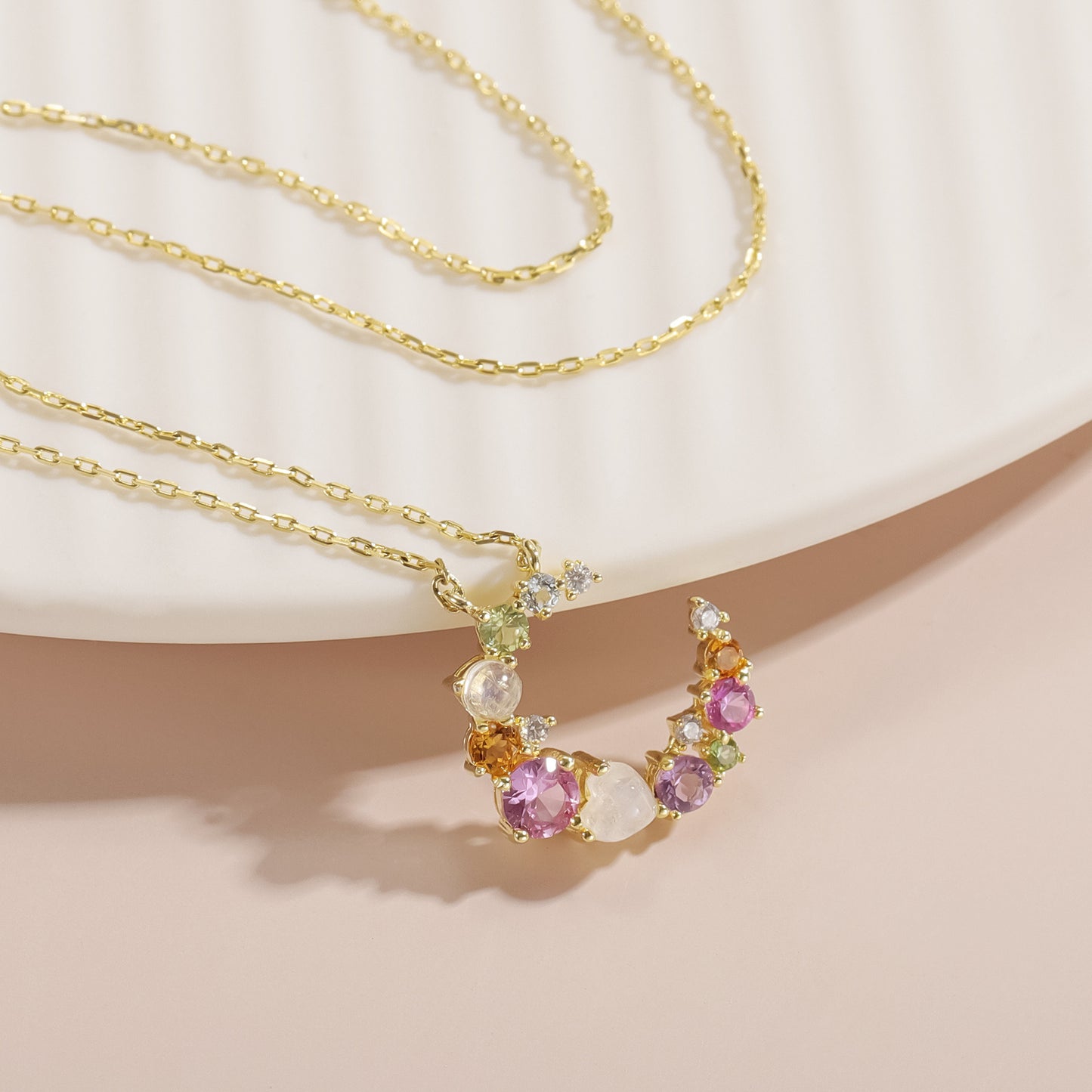 Kemstone Moonlight Sonata Necklace – 925 Sterling Silver Gold-Plated Crescent Pendant with Natural Multicolor Gemstones T7-OL1671NGRM
