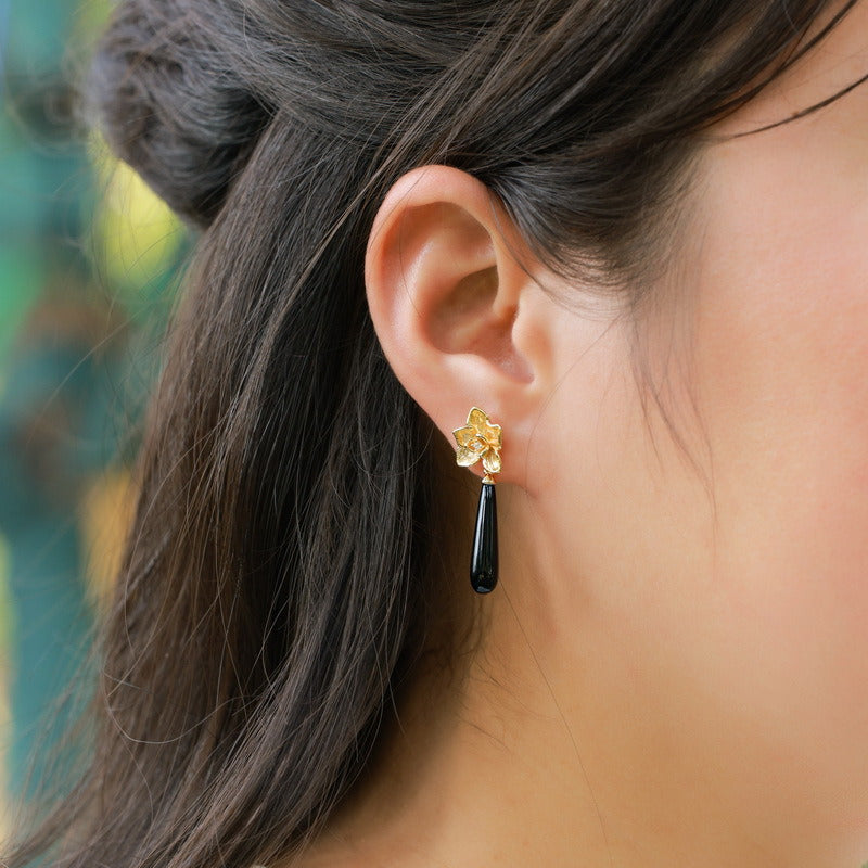 Kemstone 925 Sterling Silver Gold-Plated Black Onyx Flower Drop Earrings – Elegant Teardrop Dangle Jewelry for Women