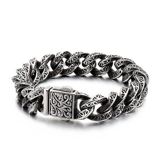 Kemstone Vintage Interlocking Skeleton Bracelet - Distressed Titanium Steel Men's Chain with Tribal Patterns KB121932