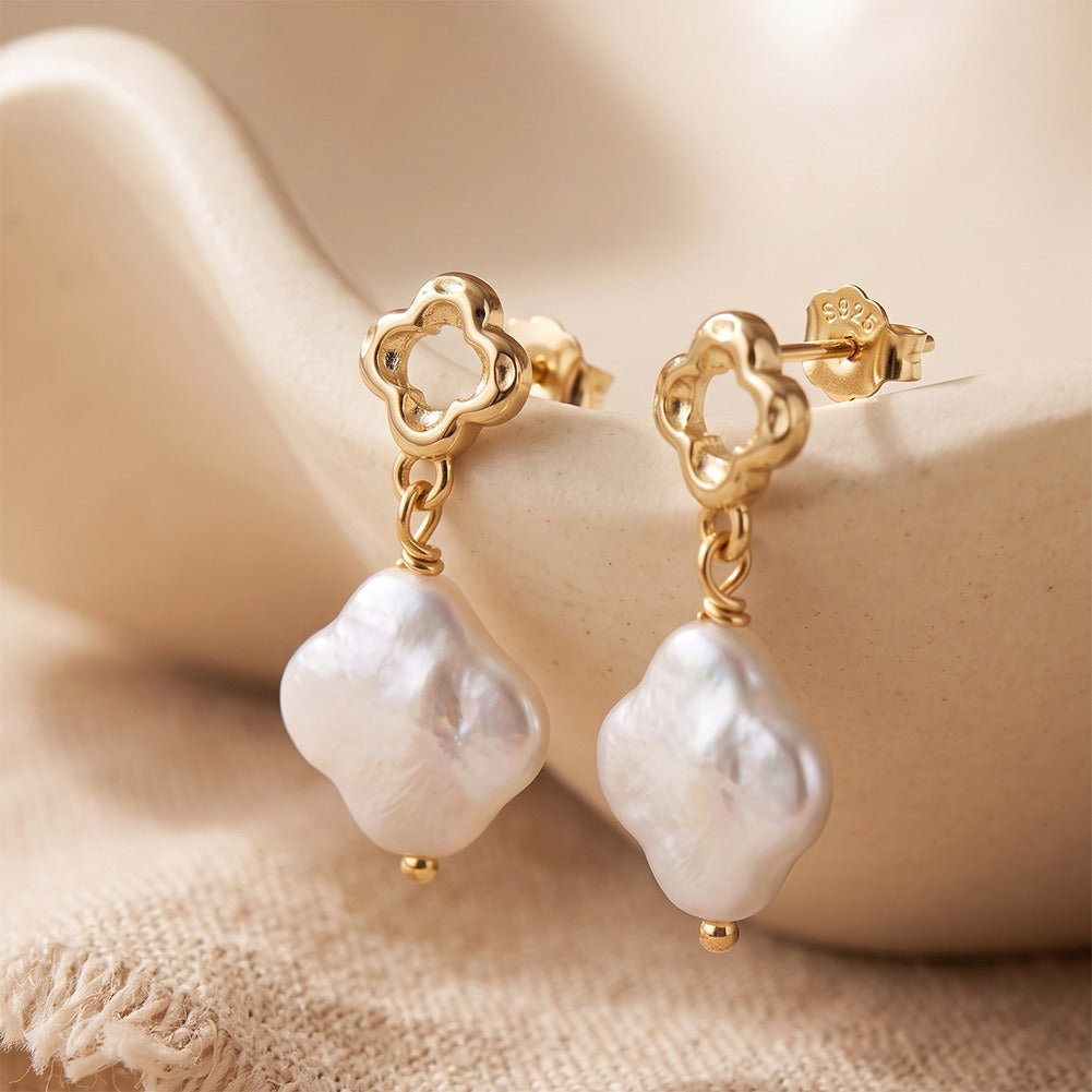 Kemston Irregular Baroque Pearl Drop Earrings for Women 925 Sterling Silver Openwork Floral Gold Tone GPE143